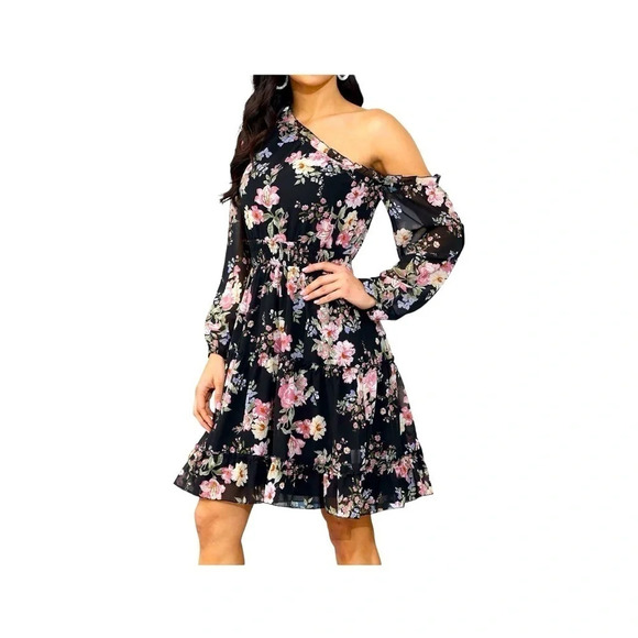 New Women’s One Shoulder Floral Dress Smocked Waist - Picture 6 of 7